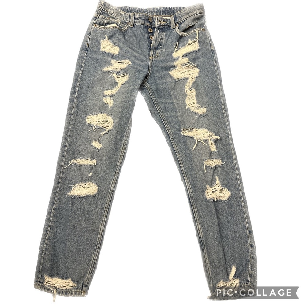 & DENIM boyfriend distressed ripped jeans